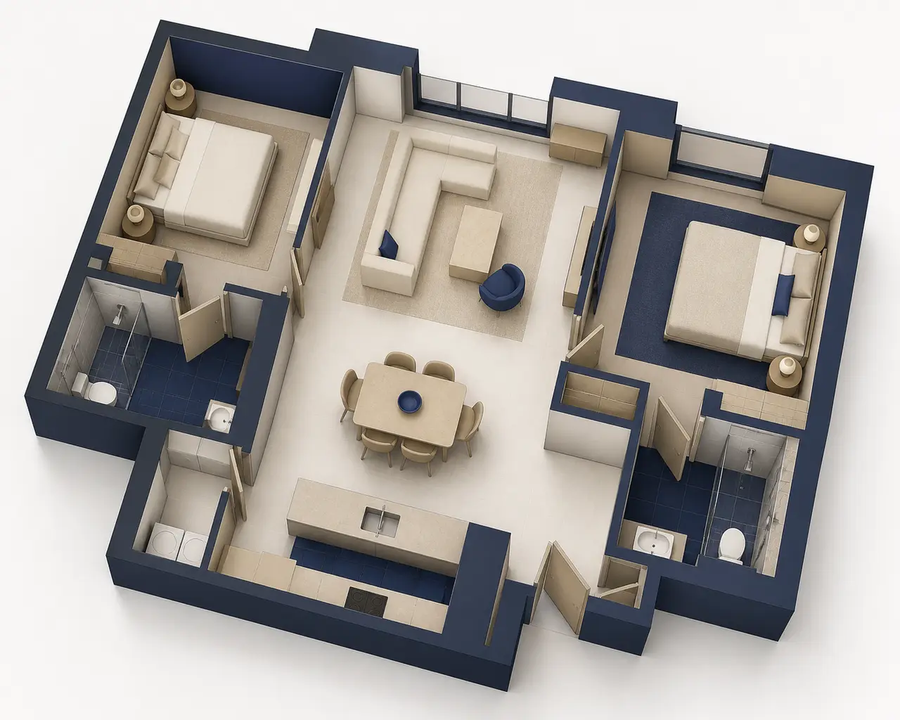 Generic conceptual two-bedroom apartment zoning study