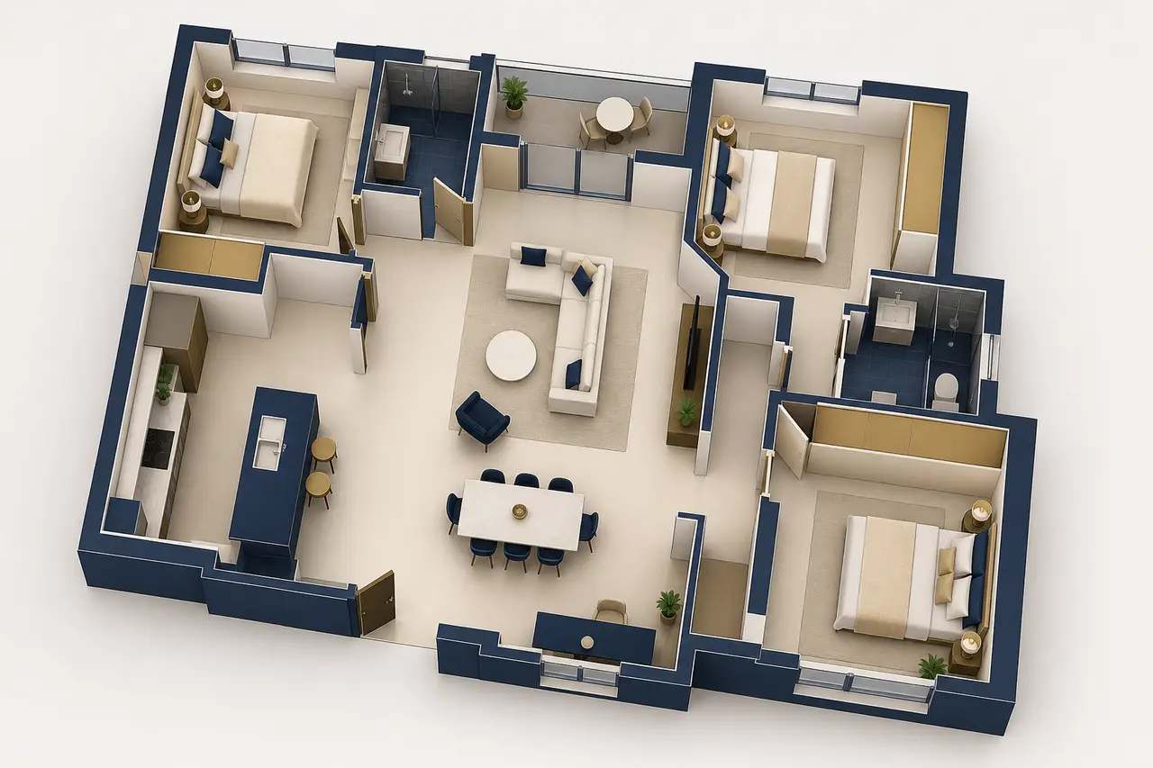 Generic conceptual three-bedroom apartment zoning study