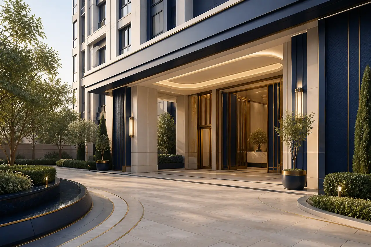 Representative high-rise residential arrival in navy and ivory tones