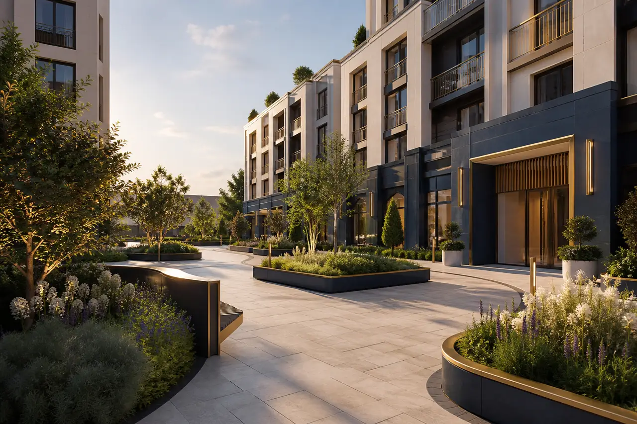 Representative landscaped apartment courtyard