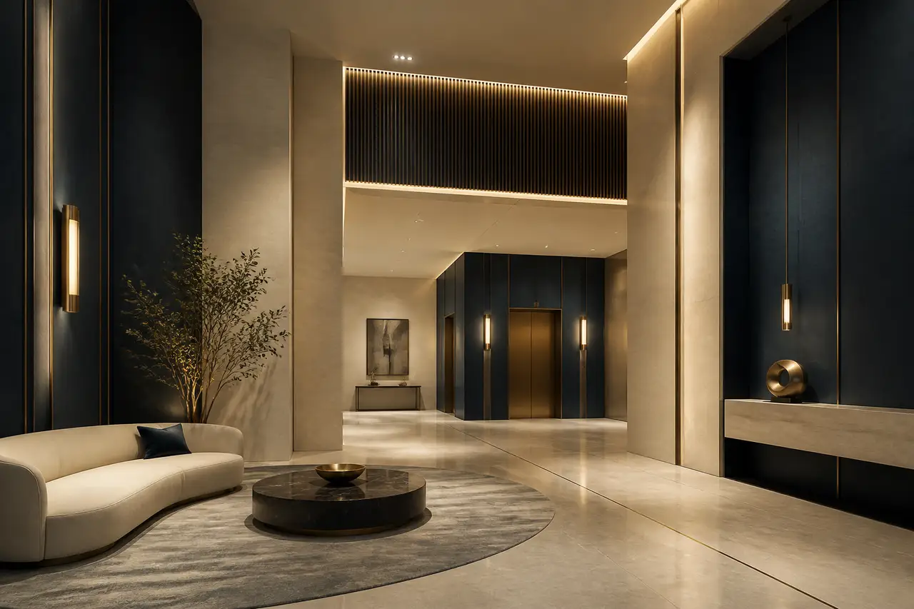Representative residential lobby with warm champagne details