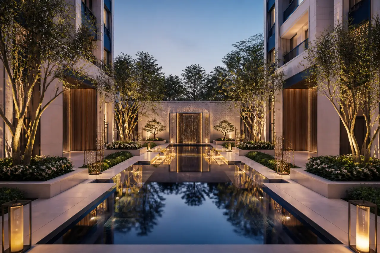 Representative residential water court and planting