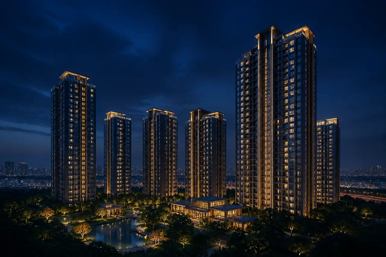 Representative apartment skyline at blue hour