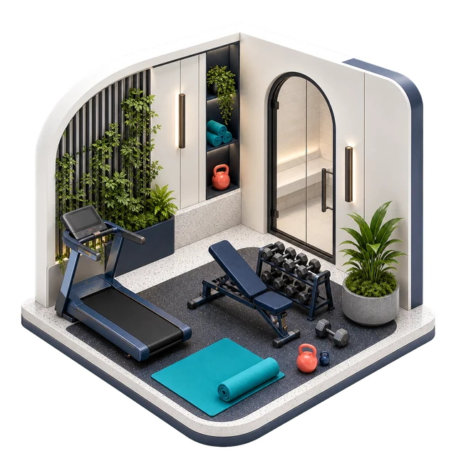 Fitness studio and wellness room amenity illustration