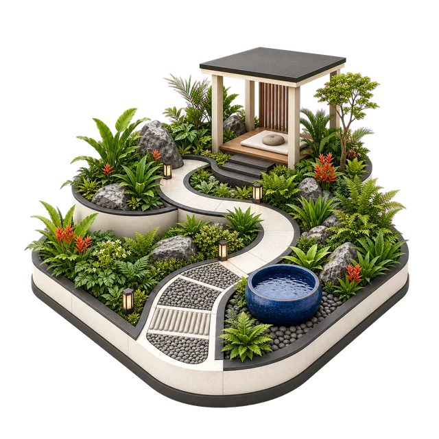 Landscaped gardens and shaded paths amenity illustration
